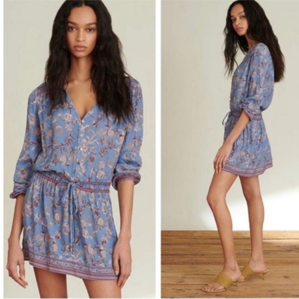 Veronica Beard Lavender-Blue Floral Tie-Waist Mini Dress